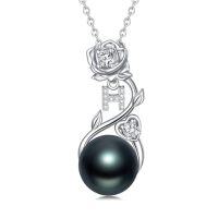 wholesale Rose Black Pearl Necklace Sterling Silver Black Pearl Rose Initial A To Z Letter Pendant Necklace Anniversary Jewelry Christmas Valentine Birthday Gifts For Women Wife Her Mom -style_name:Rose Letter H