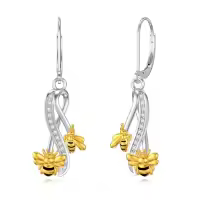 TOUPOP Sterling Silver Stone Dragonfly Hummingbird Ladybug Butterfly Bee Drop Dangle Earrings-style_name:Bee