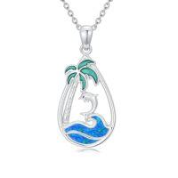 wholesale Palm Tree/sea Turtle/dolphin/flamingo Necklace 925 Sterling Silver Teardrop Ocean Necklace Blue Opal Wave Jewelry Summer Christmas Gifts For Women Her -style_name:Dolphin