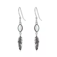 TOUPOP 925 Sterling Silver Stone Western Boho Feather Drop Dangle Earrings-color_name:Opal