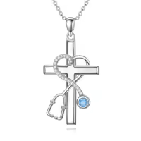 TOUPOP Sterling Silver Stone Nurse Stethoscope Cross Necklace Gift-style_name:D00-Heart Cross Stethoscope
