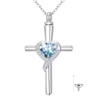 TOUPOP Sterling Silver Crystal Cross Urn Necklace Memorial Keepsake Jewelry-color_name:03-March-Aquamarine