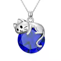 TOUPOP Sterling Silver Cat Birthstone Pendant Necklace Gift for Women-color_name:09-September-Sapphire