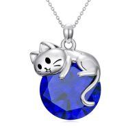 wholesale Cat Birthstone Necklace 925 Sterling Silver Cats Pendant Jewelry Birthday Christmas Gifts For Women Cat Lovers -color_name:09-September-Sapphire