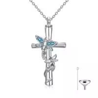 TOUPOP White Gold Plated S925 Sterling Silver with Birthstone Dragonfly Urn Necklace for Ashes-color_name:Dragonfly Cross Urn-Mar