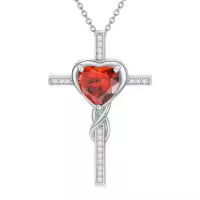TOUPOP Sterling Silver Birthstone Cross Heart Pendant Necklace For Women-color_name:07-Ruby-Jul.