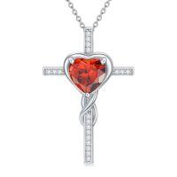 wholesale TOUPOP Cross Birthstone Necklace For Women Sterling Silver Heart Cross Pendant Necklace Cross Christian Jewelry Christmas Birthday Gifts For Her Wife Girlfriend Mom -color_name:07-Ruby-Jul.