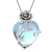 TOUPOP Sterling Silver Birthstone Rose Flower Heart Pendant Necklace-color_name:14-Jun- Created Moonstone