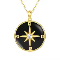 TOUPOP 14k Gold Plated Sterling Silver Jade Compass Necklace Travel Jewelry Gift-style_name:C-Black Onyx