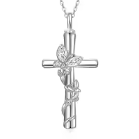 TOUPOP White Gold Plated S925 Sterling Silver with Birthstone Butterfly Urn Necklace for Ashes-color_name:Butterfly Cross Urn-Api