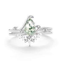 wholesale TOUPOP Natural Moss Agate Moissanite Wedding Ring Set For Women Pear Shaped Natural Moss Agate Ring Bridal Set 925 Sterling Silver 10k 14k 18k Solid Gold Engraved Egagement Anniversary Ring For Wife -style_name:E Moss Agate Moissanite Ring