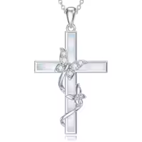 TOUPOP Sterling Silver White Opal Butterfly Cross Pendant Necklace Jewelry Christmas Valentine Mothers Day Birthday Gifts for Women Girls Her Wife-color_name:Created White Opal