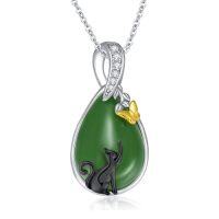 wholesale Green Jade Necklace Sterling Silver Teardrop Hummingbird/dragonfly/butterfly/bee/cat/cardinal/owl/fox/sloth Natural Jade Jewelry Birthday Christmas Gifts Women Mom Wife -style_name:Black Cat-White Gold