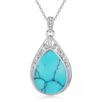 TOUPOP Sterling Silver Gemstone Teardrop Filigree Pendant Necklace-style_name:Turquoise