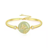 TOUPOP 14K Gold Plated Sterling Silver Jade Bracelet Tree Of Life Lotus Cat Hummingbird Dragonfly Bee Butterfly Jewelry Gift-style_name:Butterfly