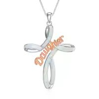TOUPOP Sterling Silver Blue White Opal Celtic Cross Pendant Necklace-color_name:White opal cross daughter necklace