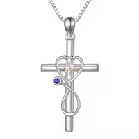 TOUPOP Sterling Silver Birthstone Stethoscope Cross Necklace for Nurse-color_name:02-February-Amethyst