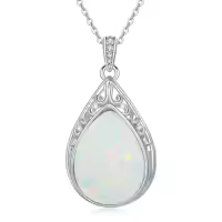 TOUPOP Sterling Silver Gemstone Teardrop Filigree Pendant Necklace-style_name:Opal