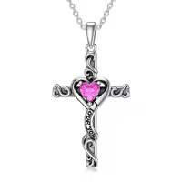TOUPOP Sterling Silver Birthstone Heart Cross Pendant Necklace For Women-color_name:10-Pink Tourmaline-October