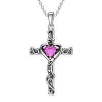 wholesale TOUPOP Birthstone Cross Necklace For Women 925 Sterling Silver Heart Cross Pendant Necklace I Love You Jewelry Anniversary Birthday Christmas Gifts For Her Mom Wife Girlfriend -color_name:10-Pink Tourmaline-October