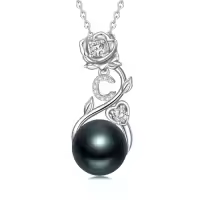 TOUPOP Sterling Silver Black Pearl Rose Letter Pendant Necklace-style_name:Rose Letter C