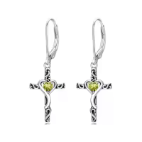 TOUPOP Sterling Silver Birthstone Heart Cross Dangle Drop Earrings-color_name:08-August-Peridot