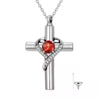 TOUPOP Sterling Silver Birthstone Cross Urn Necklace For Ashes Memorial Keepsake-color_name:07-July-Ruby
