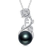 wholesale Rose Black Pearl Necklace Sterling Silver Black Pearl Rose Initial A To Z Letter Pendant Necklace Anniversary Jewelry Christmas Valentine Birthday Gifts For Women Wife Her Mom -style_name:Rose Letter F