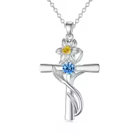 TOUPOP Sterling Silver Birthstone Birth Flower Cross Necklace-style_name:3-March-Daffodils