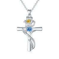 wholesale TOUPOP Cross Birthstone Necklace 925 Sterling Silver Birth Flower Necklace Cross Month Flower Jewelry Birthday Christmas Gifts For Women Her -style_name:3-March-Daffodils