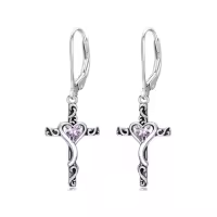 TOUPOP Sterling Silver Birthstone Heart Cross Dangle Drop Earrings-color_name:06-June-Alexandrite