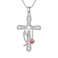 TOUPOP Sterling Silver Birthstone Cross Stethoscope Nursing Necklace Pendant-style_name:7-Jul-Ruby