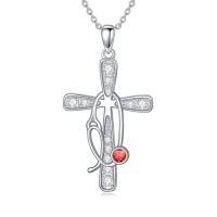 wholesale Birthstone Cross Stethoscope Necklace 925 Sterling Silver Nursing Necklace Pendant Nurse Jewelry Birthday Graduation Christmas Gifts For Women -style_name:7-Jul-Ruby