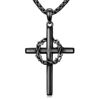 TOUPOP 925 Sterling Silver Crown Of Thorns Cross Necklace Pendant Religious Jewelry-style_name:2-Crown of Thorns Cross Necklace-Black