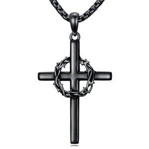2-Crown of Thorns Cross Necklace-Black
