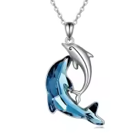 TOUPOP Sterling Silver Blue Crystal Dolphin Pendant Necklace Beach Jewelry Gifts-style_name:E-Double Dolphin