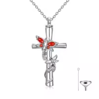 TOUPOP White Gold Plated S925 Sterling Silver with Birthstone Dragonfly Urn Necklace for Ashes-color_name:Dragonfly Cross Urn-Jul