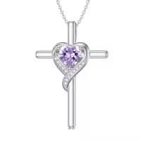 TOUPOP Sterling Silver Birthstone Cross Necklace Heart Pendant Gift for Women-color_name:06-Alexandrite-Jun.