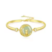 TOUPOP 14K Gold Plated Sterling Silver Jade Bracelet Tree Of Life Lotus Cat Hummingbird Dragonfly Bee Butterfly Jewelry Gift-style_name:Cat