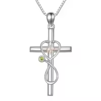 TOUPOP Sterling Silver Birthstone Stethoscope Cross Necklace for Nurse-color_name:08-August-Peridot