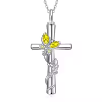 TOUPOP White Gold Plated S925 Sterling Silver with Birthstone Butterfly Urn Necklace for Ashes-color_name:Butterfly Cross Urn-Nov