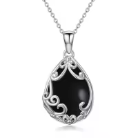 TOUPOP Sterling Silver & Gemstone Filigree Teardrop Pendant Necklace-color_name:Black Onyx