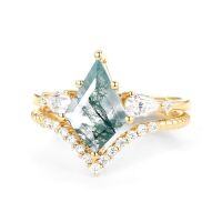 wholesale TOUPOP Natural Moss Agate Wedding Ring Set For Women 10k 14k 14k Solid Gold Moissanite Bridal Ring Set Engagement Ring Set Anniversary Natural Moss Agate Promise Rings For Her -style_name:G Moss Agate Gold Ring