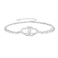 TOUPOP Sterling Silver Ankle Bracelets For Women Adjustable Anklet Elegant Foot Jewelry-style_name:Layered Double Heart