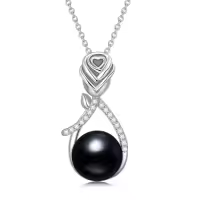 TOUPOP Sterling Silver Black Freshwater Pearl Rose Flower Pendant Necklace-style_name:Teardrop Rose-Black Pearl