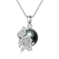 TOUPOP Sterling Silver Black Freshwater Pearl Rose Flower Pendant Necklace-style_name:Rose - Black Pearl
