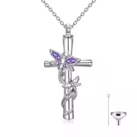 TOUPOP White Gold Plated S925 Sterling Silver with Birthstone Dragonfly Urn Necklace for Ashes-color_name:Dragonfly Cross Urn-Feb