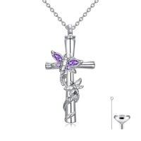 wholesale Dragonfly Cross Urn Necklaces For Ashes Women White Gold Plated S925 Sterling Silver Funnel Filler Memorial Cremation Jewelry With Birthstone Sympathy Christmas Jewelry Gifts For Women Loss Of Loved One -color_name:Dragonfly Cross Urn-Feb