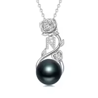 TOUPOP Sterling Silver Black Pearl Rose Letter Pendant Necklace-style_name:Rose Letter N