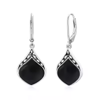 TOUPOP Sterling Silver Natural Gemstone Vintage Irish Celtic Teardrop Dangle Earrings-color_name:Black Onyx